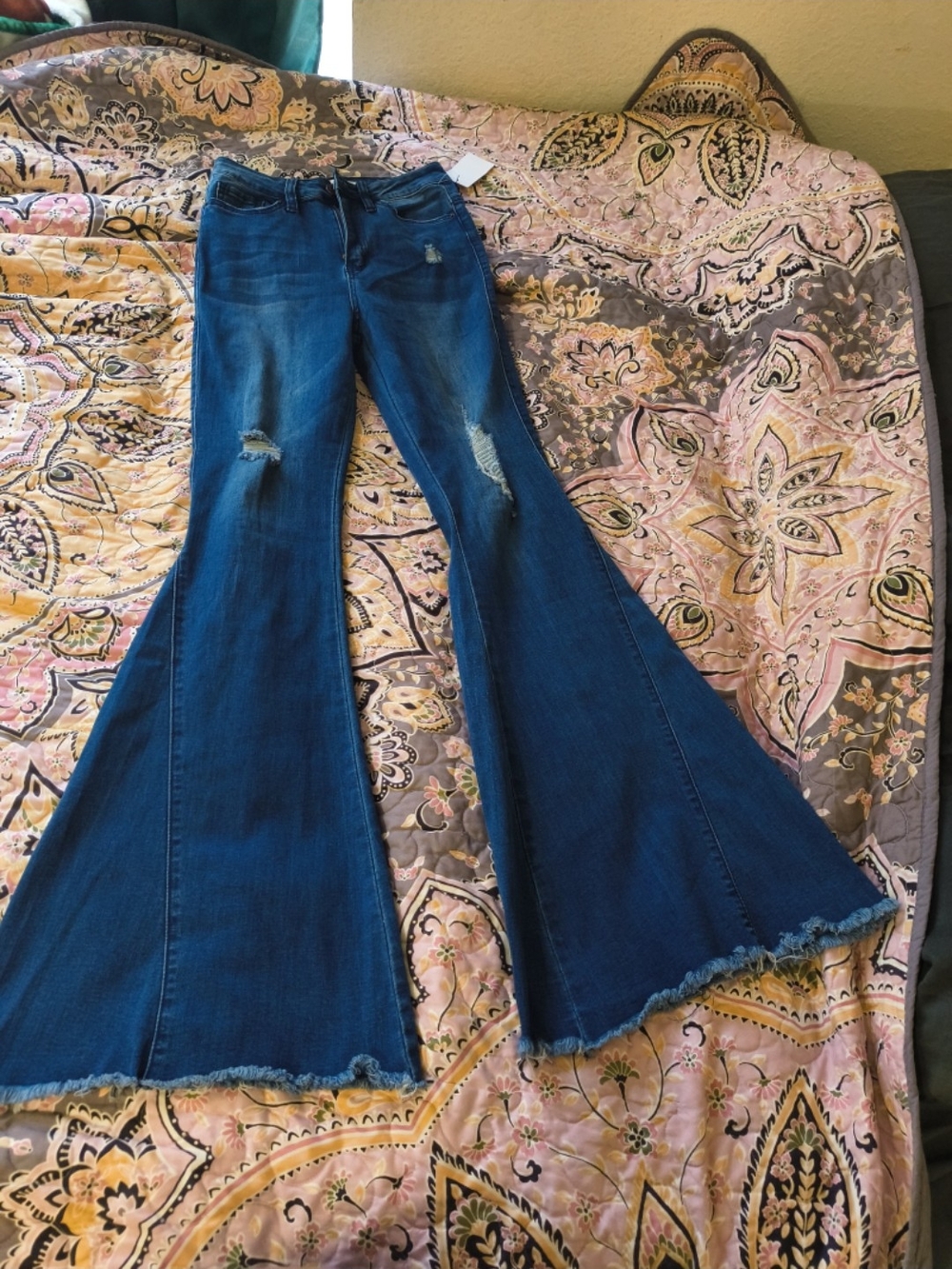 YMI Medium Blue Distressed Wide-Leg Flare Jeans